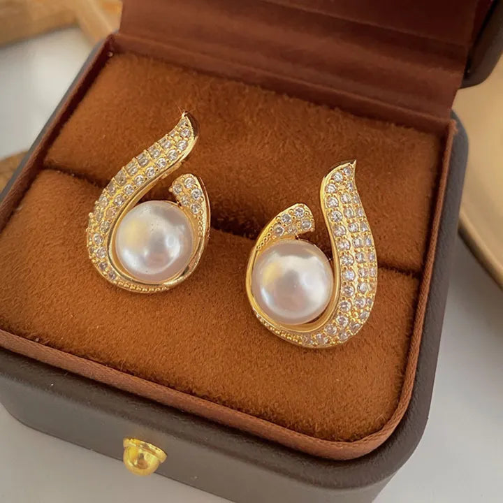 Lustre Curve Pearl Studs – Teardrop CZ & Gold Earrings