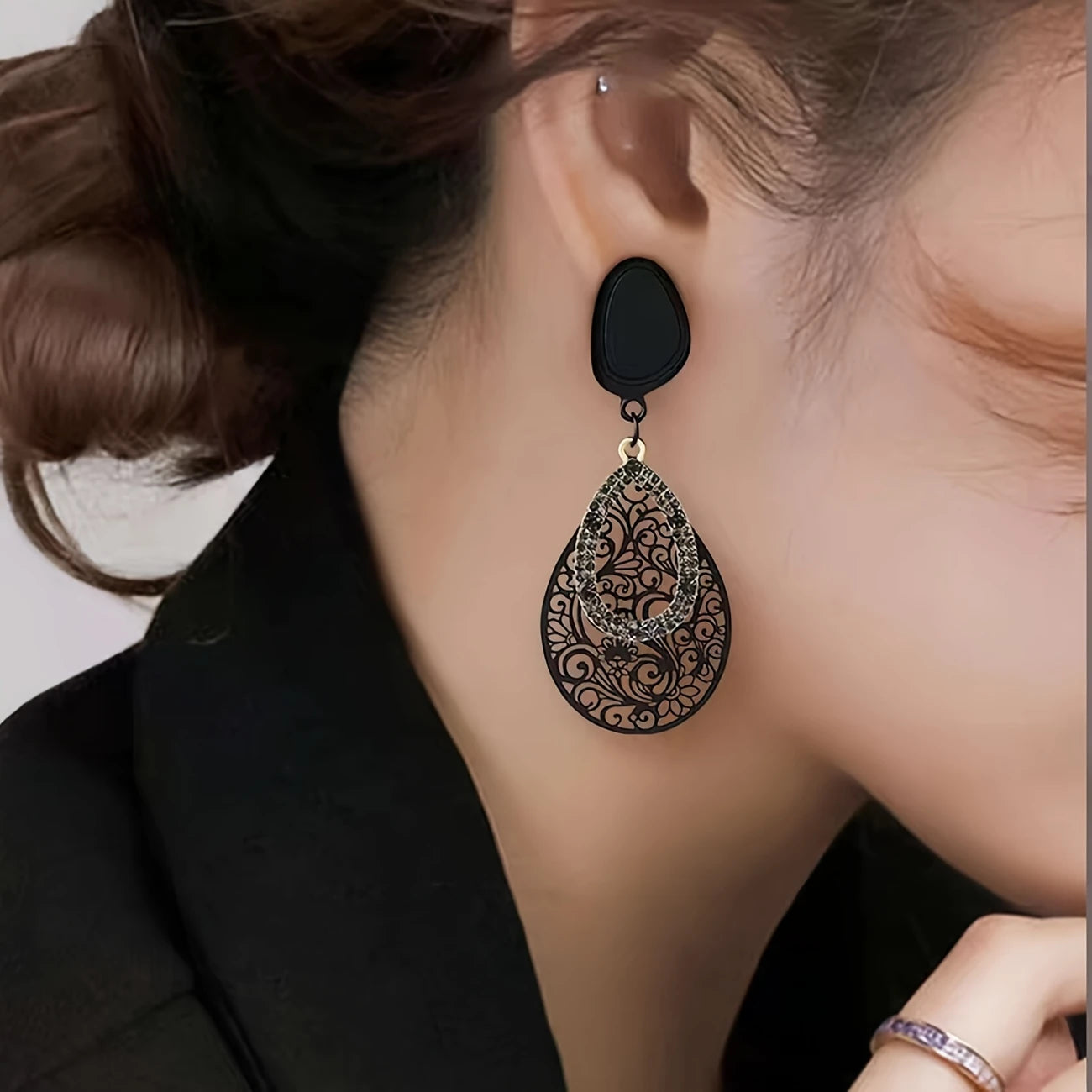 Black filigree teardrop earrings with glitter inset – vintage lace-inspired statement earrings for women