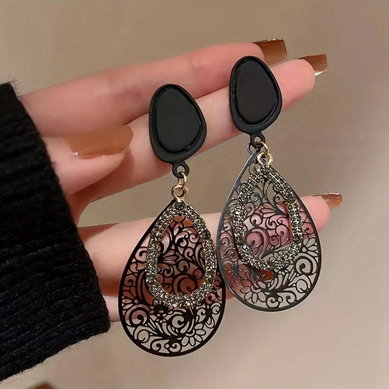 Black filigree teardrop earrings with glitter inset – vintage lace-inspired statement earrings for women