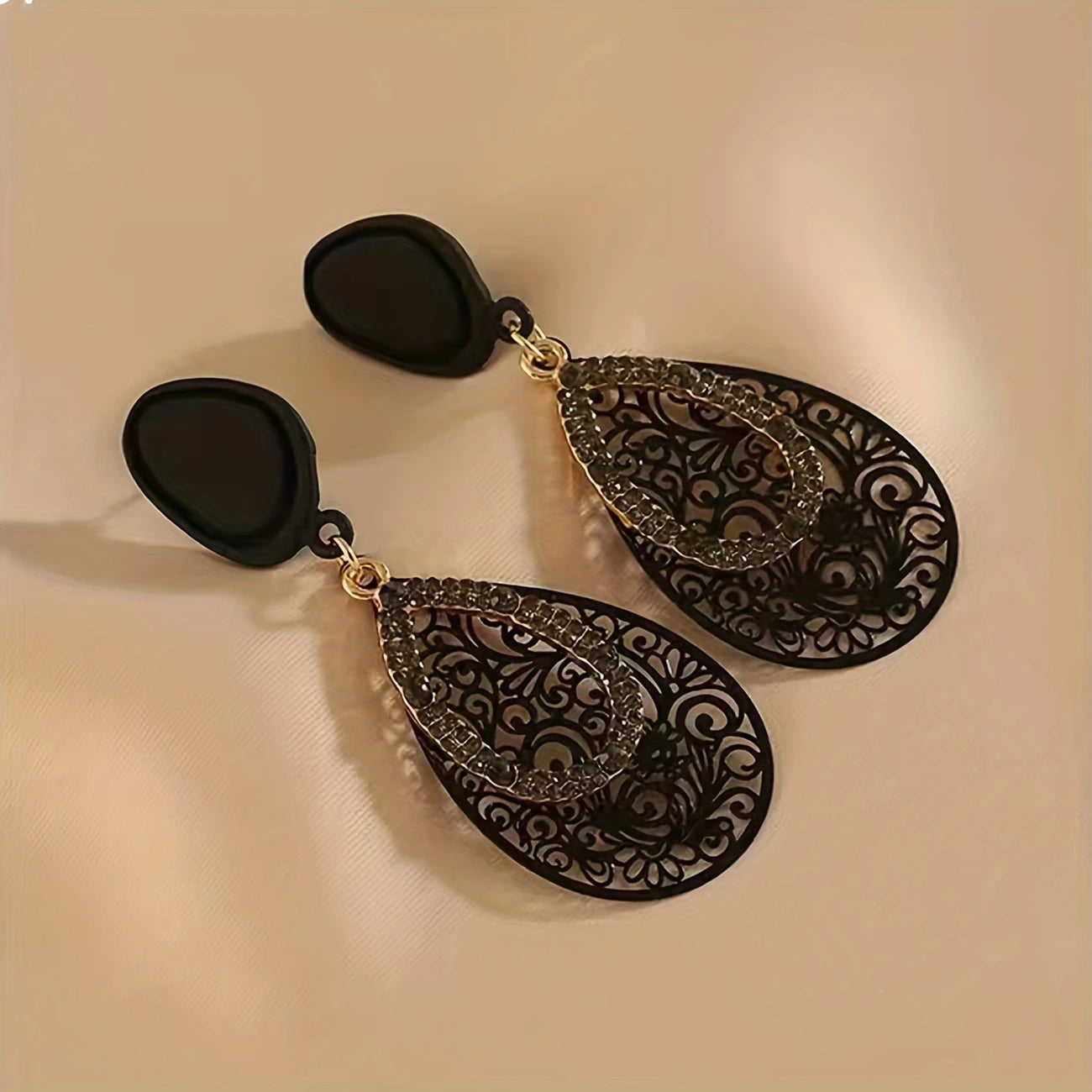 Black filigree teardrop earrings with glitter inset – vintage lace-inspired statement earrings for women