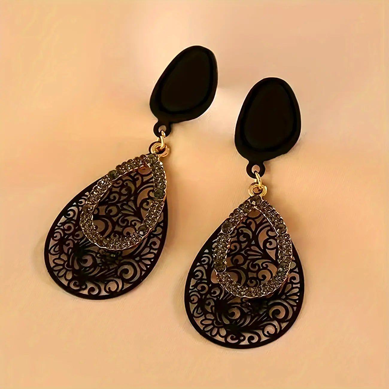Black filigree teardrop earrings with glitter inset – vintage lace-inspired statement earrings for women