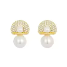 Gold and crystal pavé semi-circle earrings with two pearl drops – elegant statement jewelry for special occasions