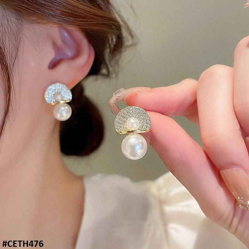 Gold and crystal pavé semi-circle earrings with two pearl drops – elegant statement jewelry for special occasions