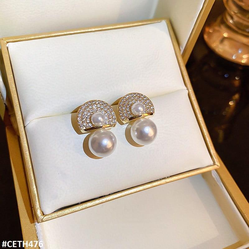 Gold and crystal pavé semi-circle earrings with two pearl drops – elegant statement jewelry for special occasions