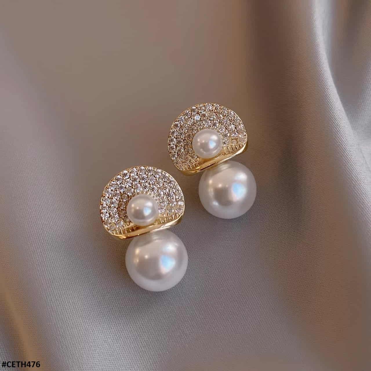 Gold and crystal pavé semi-circle earrings with two pearl drops – elegant statement jewelry for special occasions
