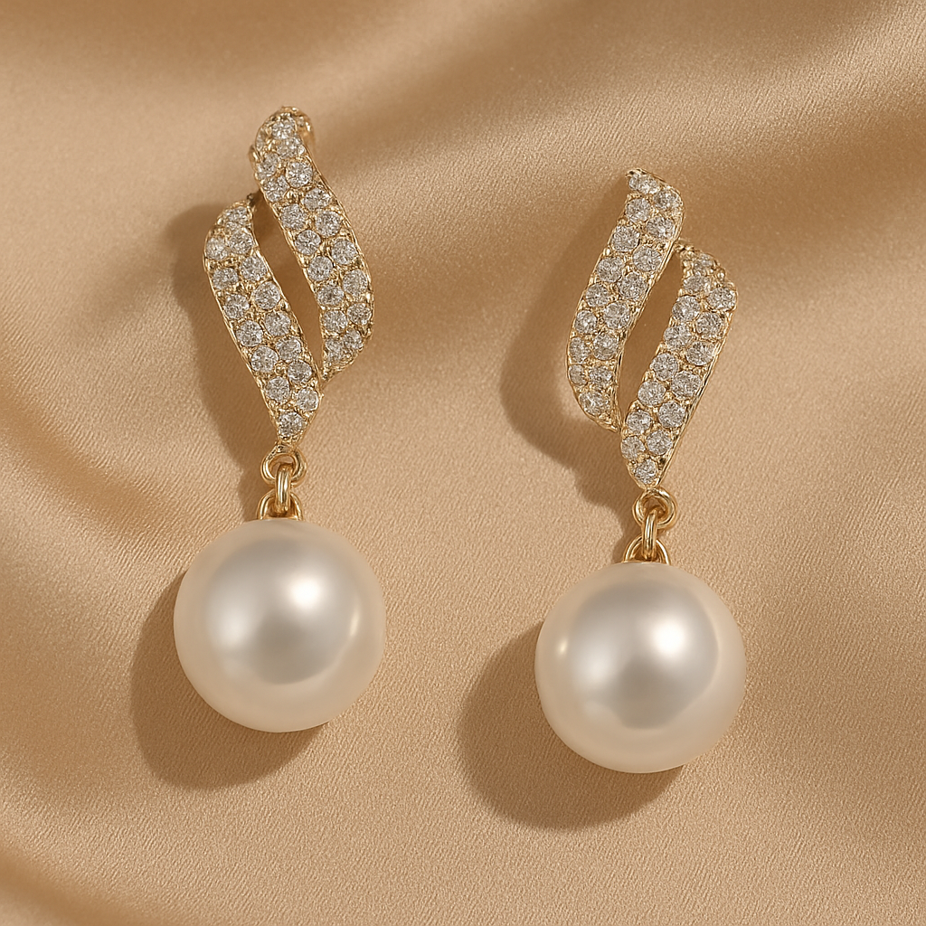 Gold-tone crystal wave earrings with dangling faux pearls – elegant party jewelry for women