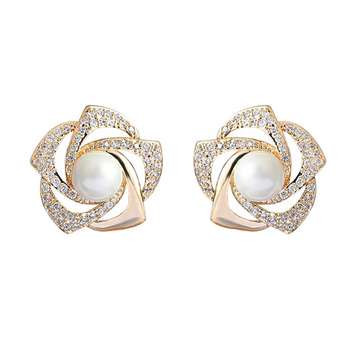 Gold floral swirl stud earrings with pave crystals and a central faux pearl – elegant feminine jewelry for formal occasions