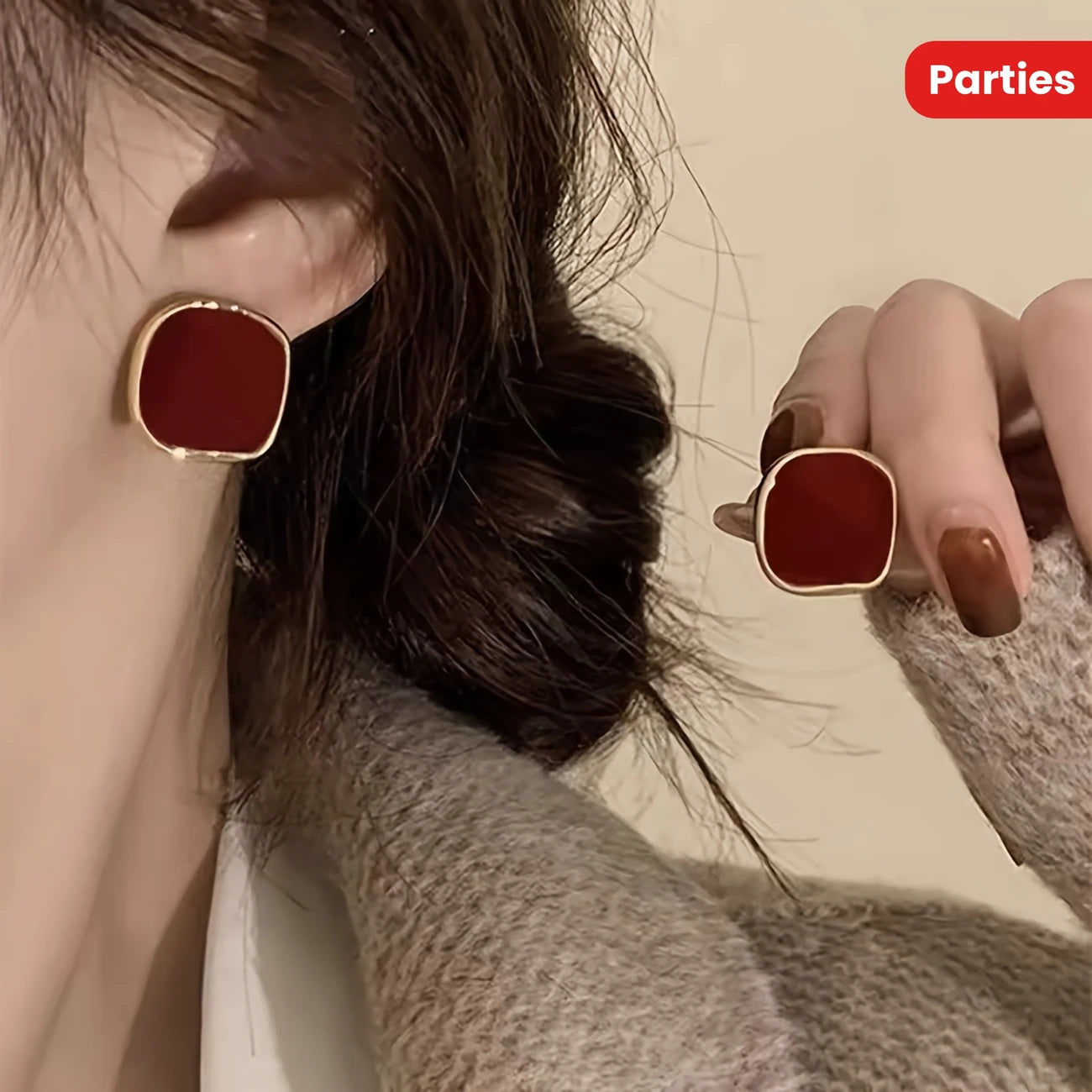 Bold crimson red enamel stud earrings with abstract gold trim – modern geometric jewelry for women