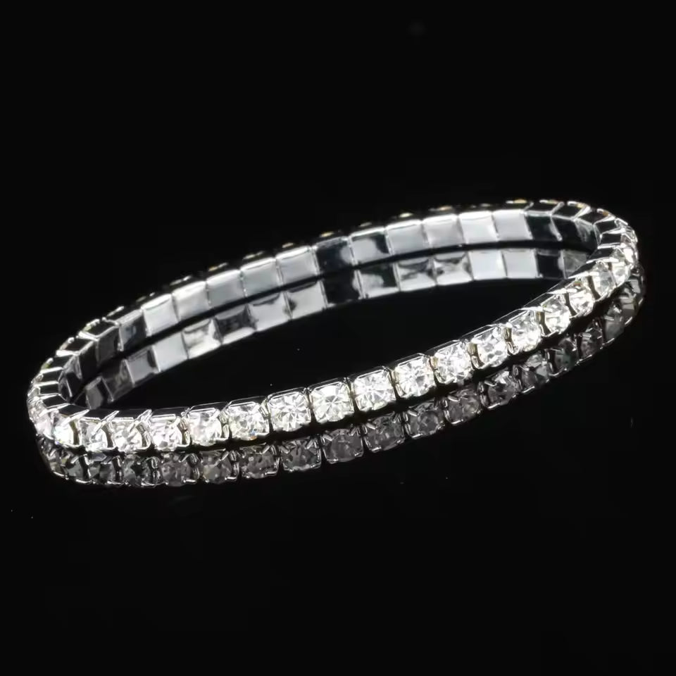 Elastic rhinestone cuff bracelet in silver and gold – wide flexible bangle with coiled wire design for a bold modern look