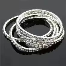 Elastic rhinestone cuff bracelet in silver and gold – wide flexible bangle with coiled wire design for a bold modern look