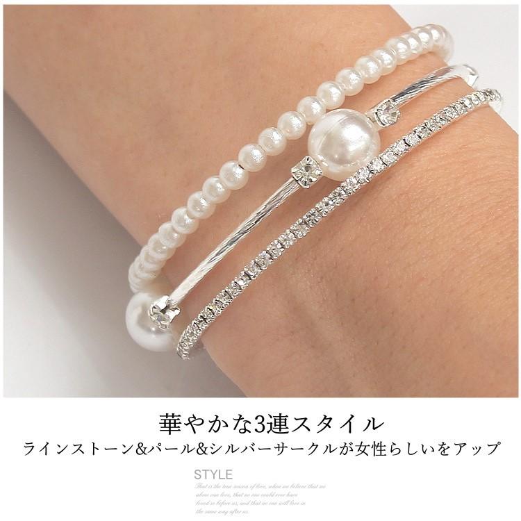 Triple-layered pearl and crystal cuff bracelet in gold and silver — stacked bangle design with rhinestones and faux pearls